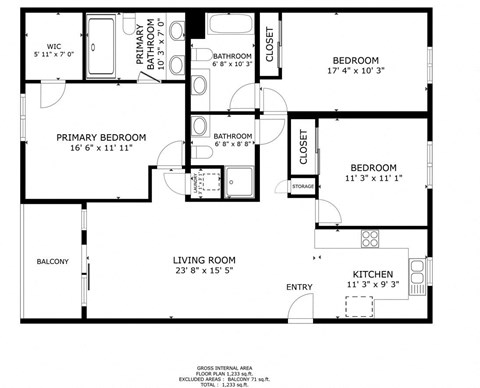 Floor plan for 3 beds, 3 baths, 1305 sqft